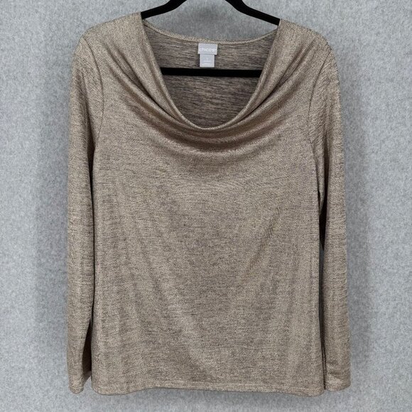 Chicos Womens Metallic Knit Cowl-Neck Top Size M Gold Stretch Knit Shimmery NEW - Picture 1 of 11